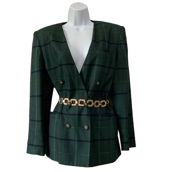 Vintage Green & Dark Navy Window Pane Plaid Double Breasted Blazer Size 10 - Picture 1 of 11